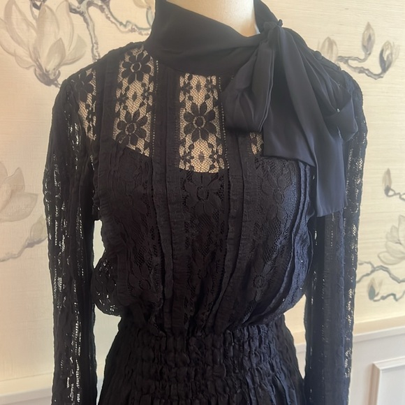 Red Valentino Navy Blue Lace Dress with Tie Neck - Picture 2 of 14